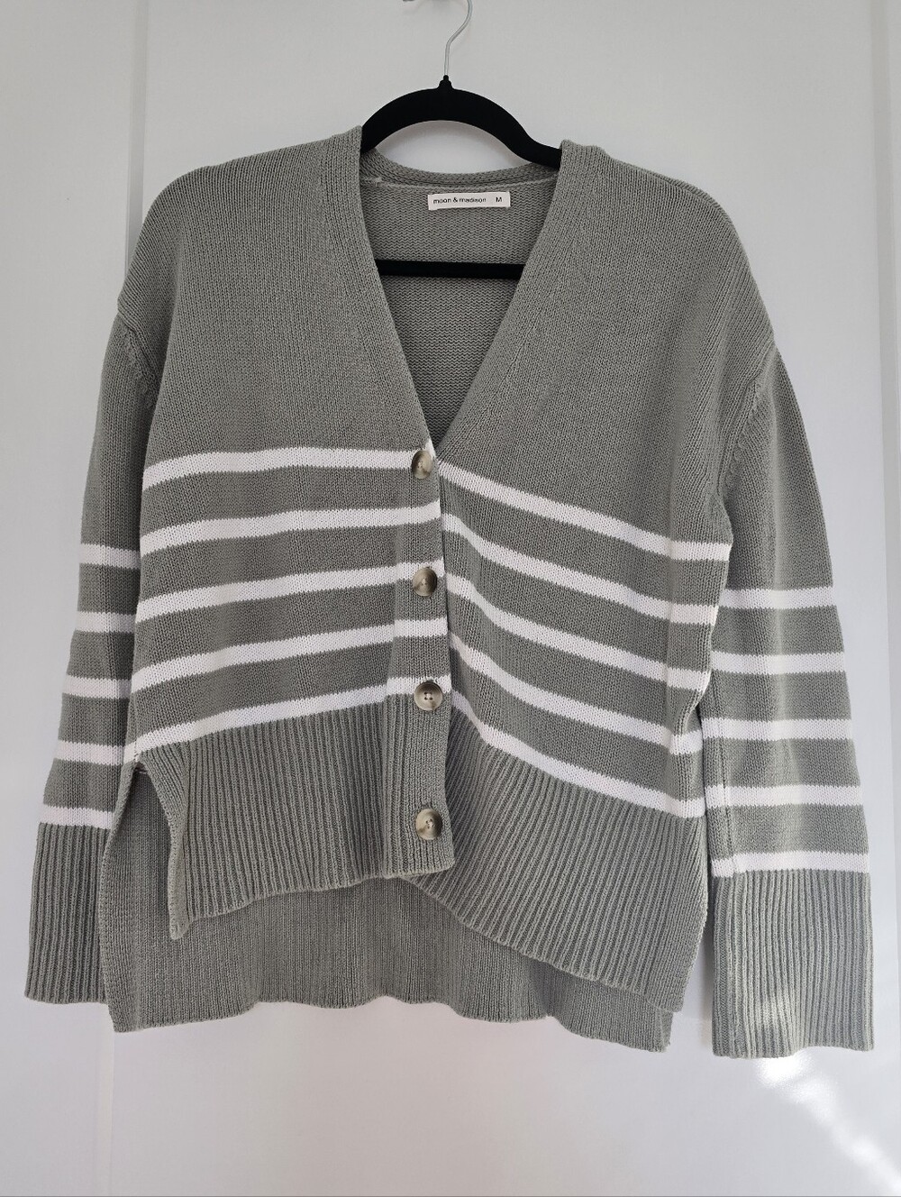 Moon & Madison Sage Green And White Striped Cardigan